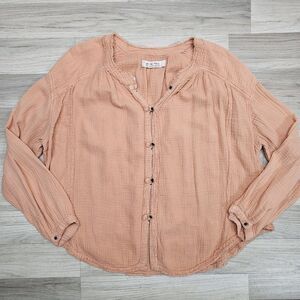 We The Free People Orange Cotton Distressed Blouse Size Small Oversized Button